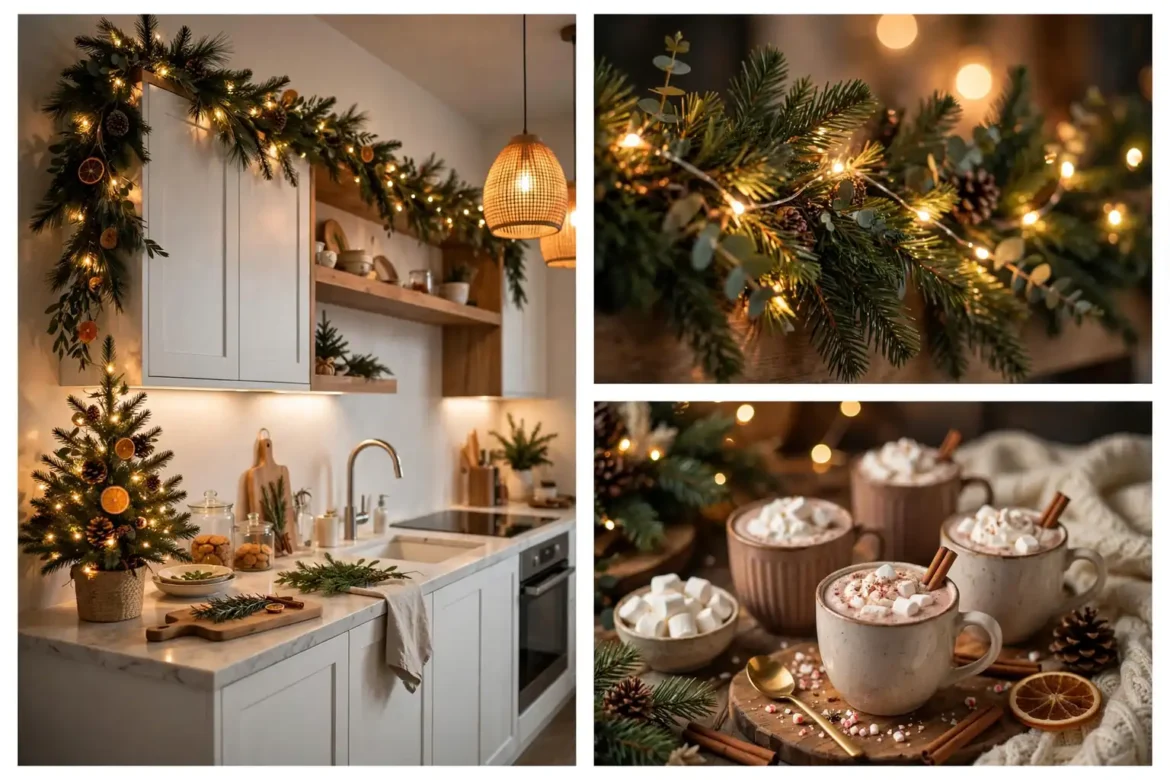 Festive Christmas kitchen decor ideas with pine garland, a mini tree and warm glowing lights