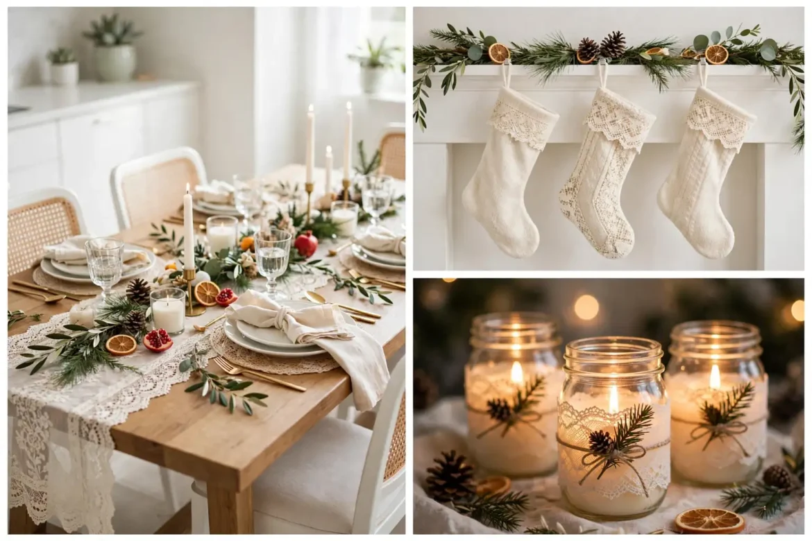 Heirloom lace Christmas decor collage with lace table runner, stockings and candle holders
