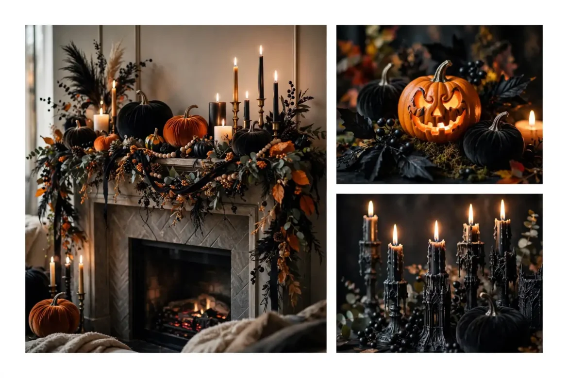 Spooky Halloween mantel decor ideas photo collage with a black and orange garland hero shot and glowing pumpkin details