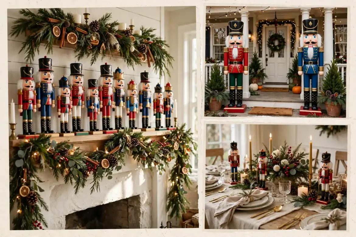 Nostalgic nutcracker Christmas decor collage with mantel, porch and tablescape
