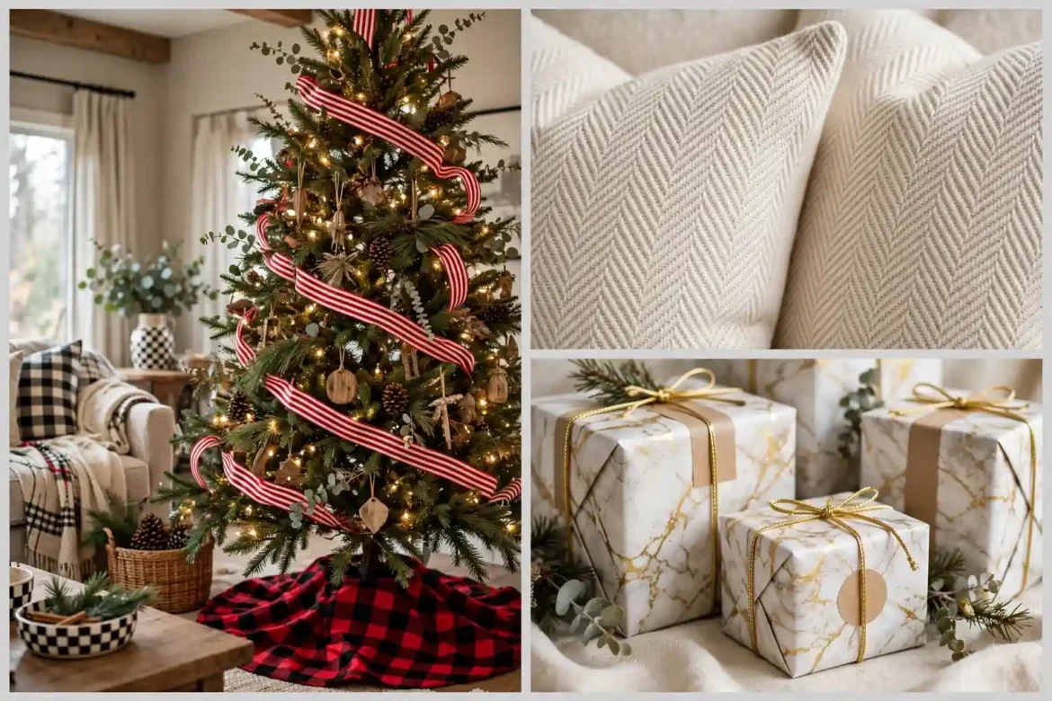 Collage of pattern play Christmas decor ideas with checks, stripes, herringbone and marble details