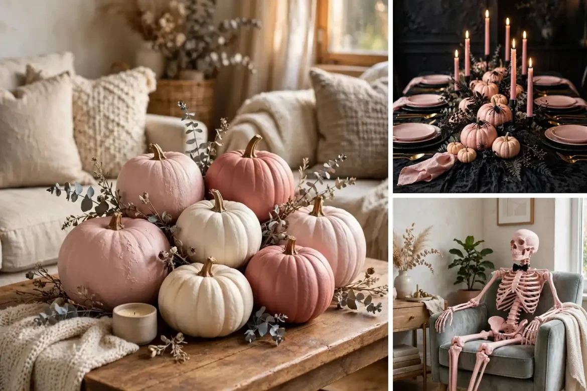 Pink Halloween decor ideas collage with pumpkins tablescape and skeleton
