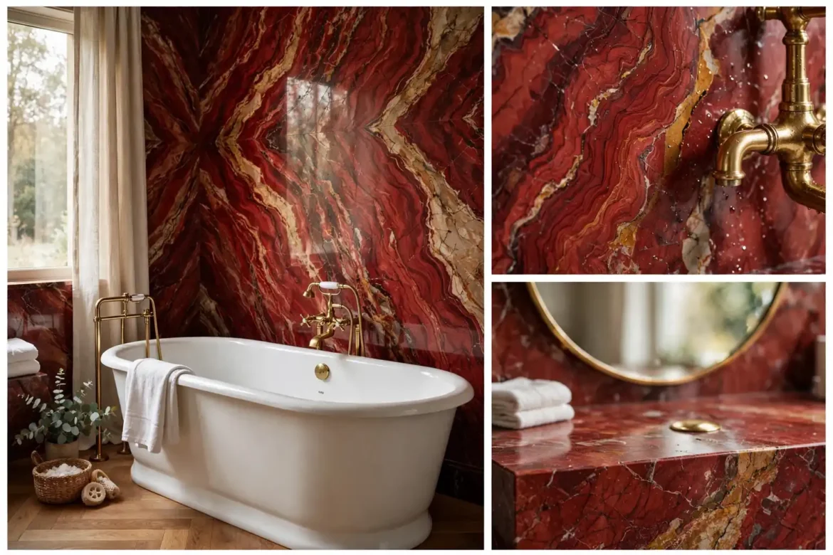 Red marble bathroom ideas collage: red marble slab walls with a freestanding tub, brass faucet close-up, and vanity