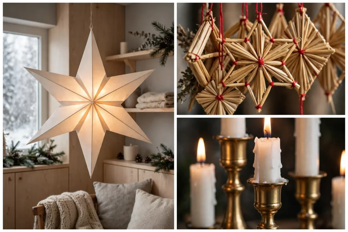 Collage of scandinavian christmas decor ideas showing a paper star lantern, straw ornaments, and window candles