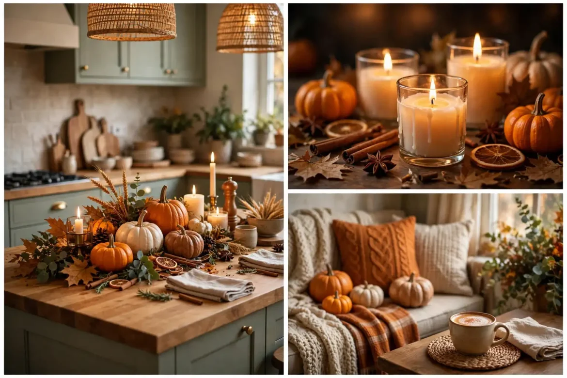 Thanksgiving kitchen decor ideas featured collage of a harvest kitchen island centerpiece with cozy fall details