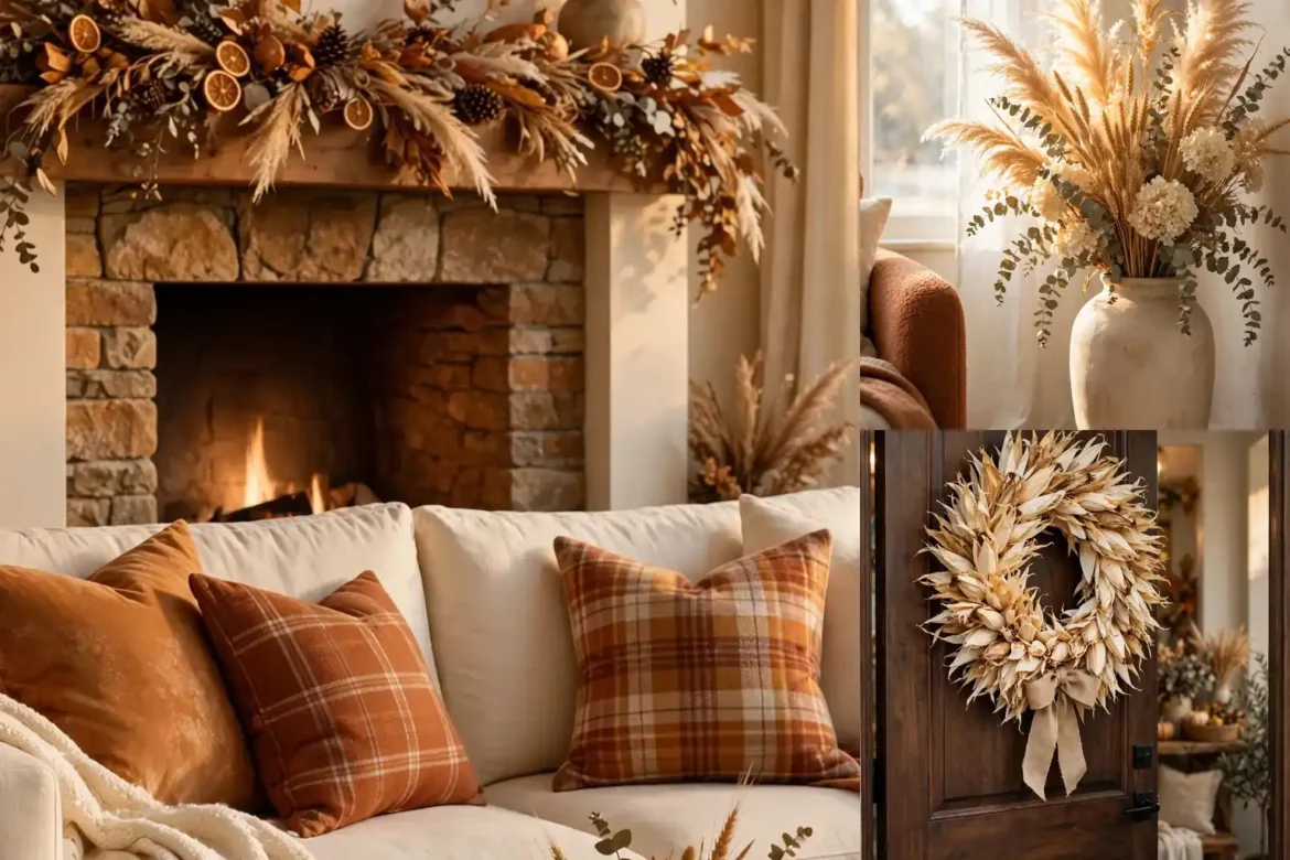 Warm thanksgiving living room decor ideas with amber pillows, pumpkins and a glowing fireplace
