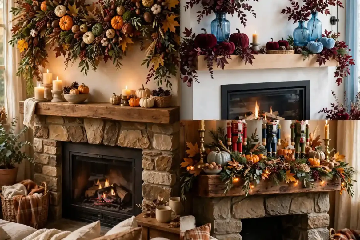 Thanksgiving mantel decor ideas featured grid with harvest garland, burgundy and sky blue mantel, and nostalgic nutcracker mantel