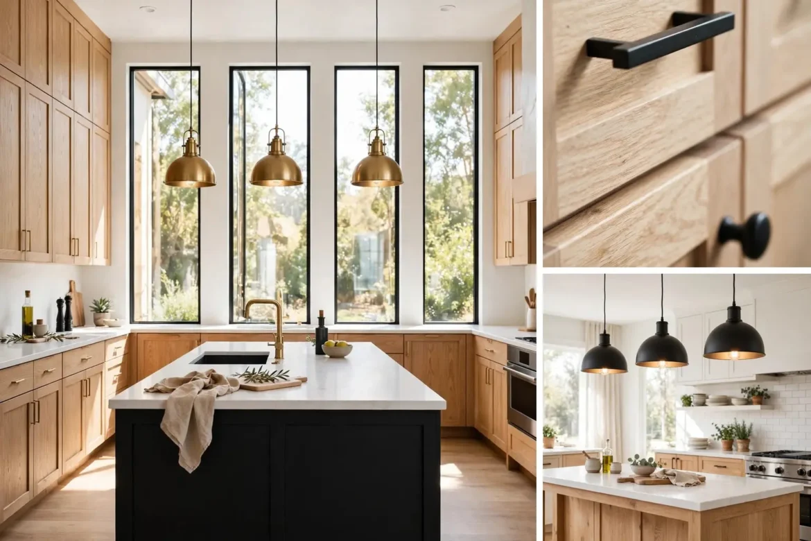 White oak and black kitchen ideas collage with black island, black hardware and pendant lights