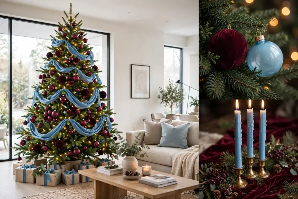 Featured collage of burgundy and sky blue Christmas decor with tree, ornaments and candles
