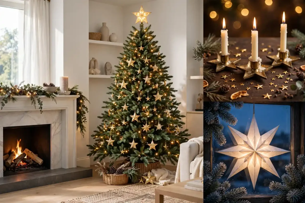 Star motif Christmas decor collage: glowing gold star tree topper, brass star candles, and a lit paper star lantern